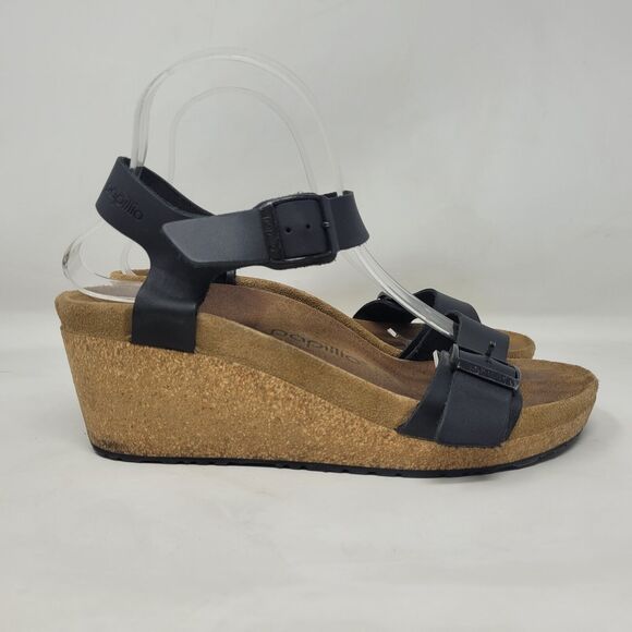 Birkenstock Papillio Sandals Womens EU40 US9.5 Soley Black Leather Wedge Buckles - Picture 2 of 13